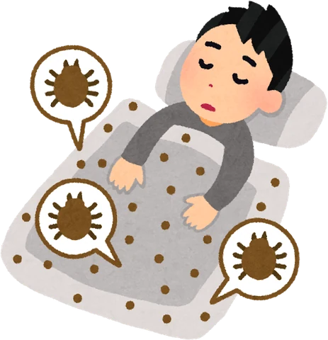 布団で寝ている人とダニのイラスト