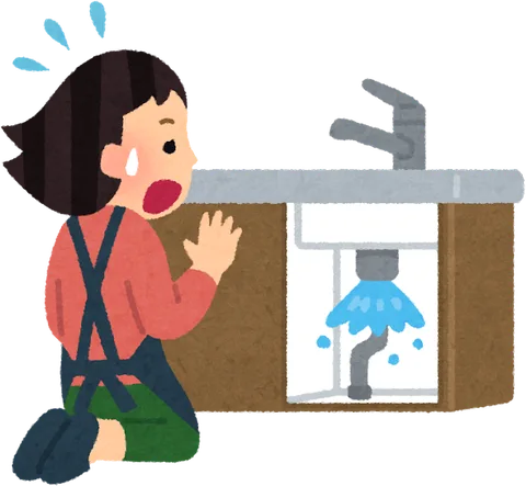 シンクの下から水が漏れて慌てる人のイラスト